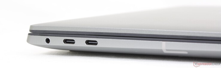 Esquerda: Fone de ouvido 3,5 mm, 2x USB-C c/ Thunderbolt 4 + DisplayPort + Fornecimento de energia