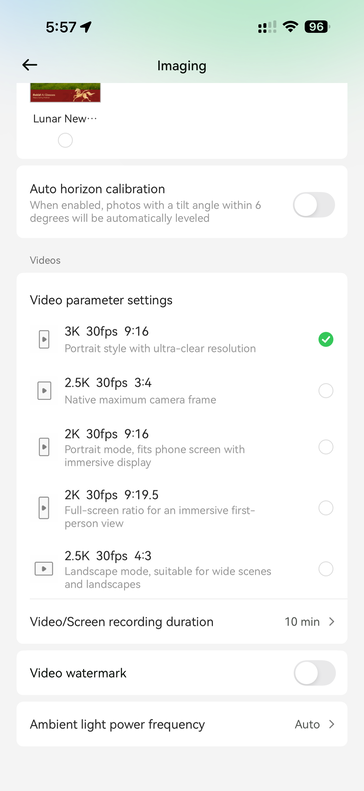 Configurações de vídeo no aplicativo Hi Rokid