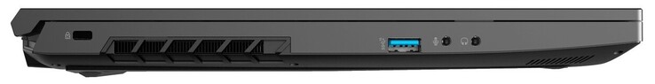 Lado esquerdo: Fechadura Kensington, 1x USB 3.2 Gen2 Tipo A, 1x microfone de 3,5 mm, 1x fones de ouvido de 3,5 mm