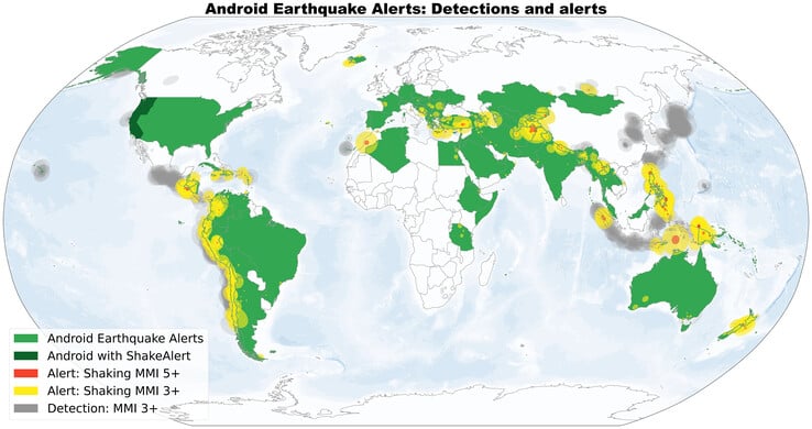 Mapa que mostra os países onde o sistema de alertas de terremoto Android está funcionando atualmente. (Fonte da imagem: Science/Google)