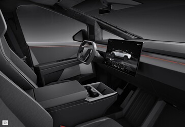 Interior do Cybertruck Long Range RWD com bancos de tecido e console central padrão
