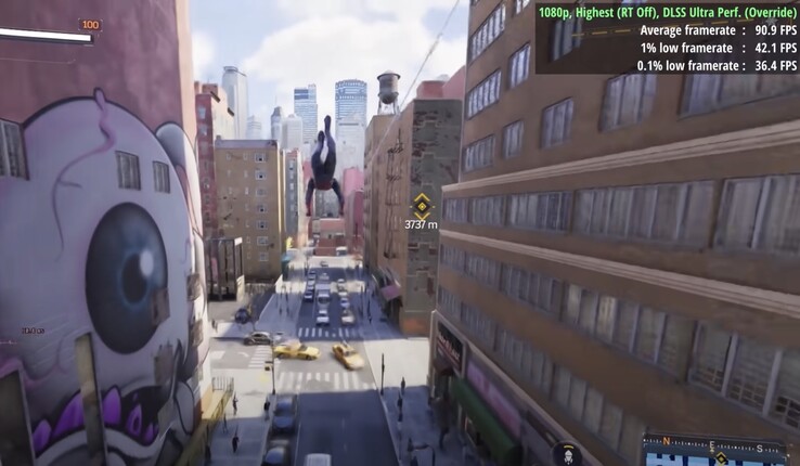 Configurações máximas, RT desativado, DLSS 4 "Ultra Performance": 90 FPS com RTX 4060. (Fonte da imagem: RandomGamingHD)