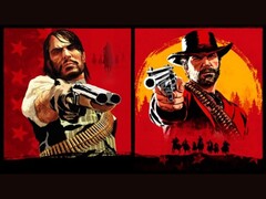 John Marston e Arthur Morgan de Red Dead Redemption apontando armas para o espectador contra fundos vermelhos e amarelos (Fonte da imagem: Rockstar Games)