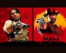 John Marston e Arthur Morgan de Red Dead Redemption apontando armas para o espectador contra fundos vermelhos e amarelos (Fonte da imagem: Rockstar Games)