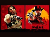 John Marston e Arthur Morgan de Red Dead Redemption apontando armas para o espectador contra fundos vermelhos e amarelos (Fonte da imagem: Rockstar Games)