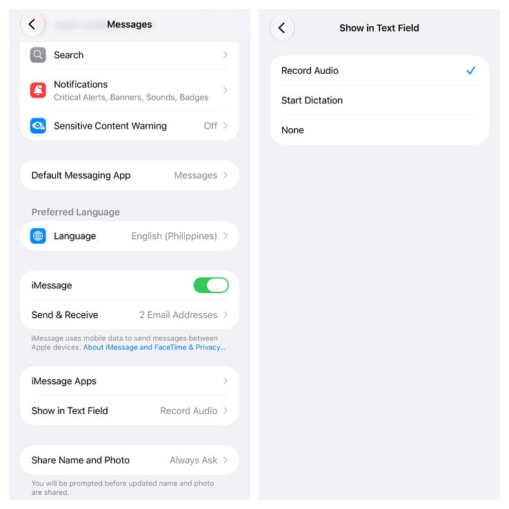 O novo botão de alternância “Mostrar no campo de texto” no Apple Messages para ocultar o botão de ditado