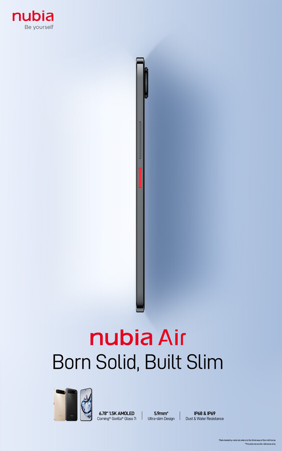 A imagem promocional que vazou afirma que o Nubia Air tem apenas 5,9 mm de espessura, com uma ressalva importante na nota de rodapé.