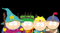 Os garotos se preparam para a batalha em South Park: The Stick of Truth, cada um vestindo seu papel de fantasia - mago, druida, paladino e guerreiro (Fonte da imagem: via South Park Wiki / Fandom, carregado por Gastropod - © Ubisoft / South Park Digital Studios)