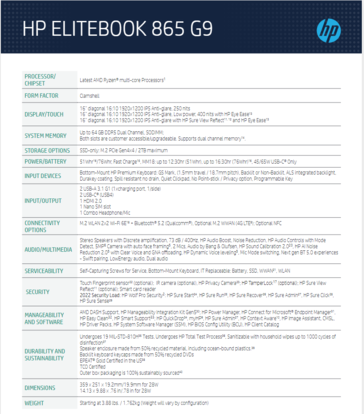 Especificações do HP Elitebook 645 G9. (Fonte de imagem: HP)
