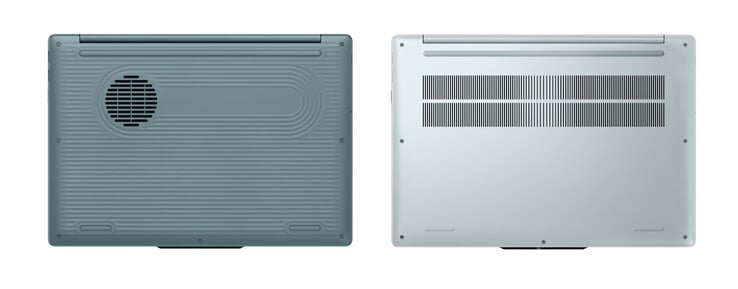 O IdeaPad Vibe 15 com seus painéis inferiores de plástico e alumínio, da esquerda para a direita.