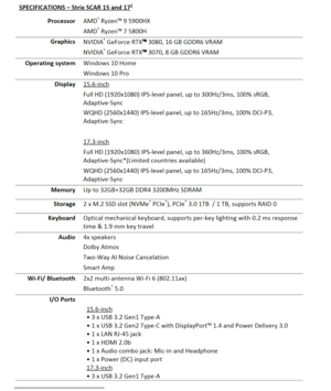 Asus ROG Strix Scar 17 - Especificações. (Fonte da imagem: Asus)