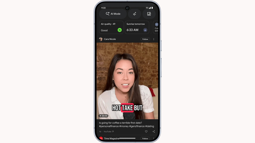 Uma captura de tela tirada de um smartphone que mostra o novo Discover Feed do Google com suporte para mais formatos de conteúdo. (Fonte da imagem: Google)