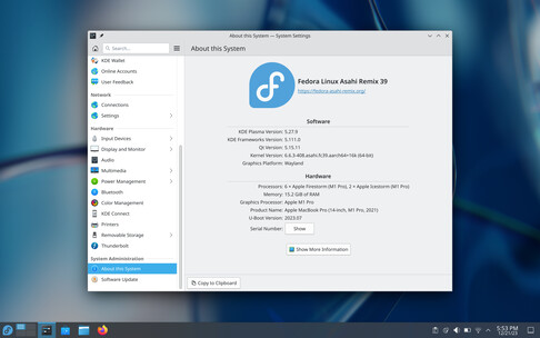 O KDE Plasma Desktop do Fedora 39 Asahi Remix (Imagem: Asahi Blog).