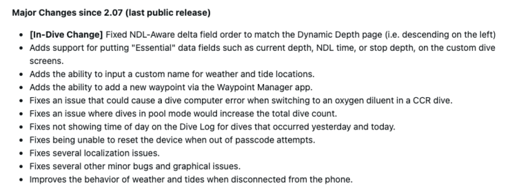 As notas de lançamento do software do sistema Garmin Descent X30 3.06