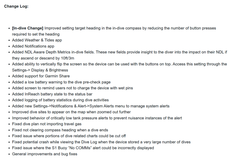O registro de alterações do software de sistema 4.05 para o Garmin Descent X50i. (Fonte da imagem: Garmin)