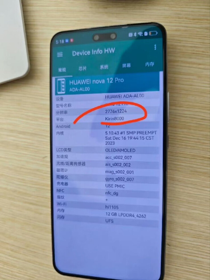 Especificações do Huawei Nova 12 Pro mostrando o Kirin 8000 (Fonte da imagem: Farido Fanani)