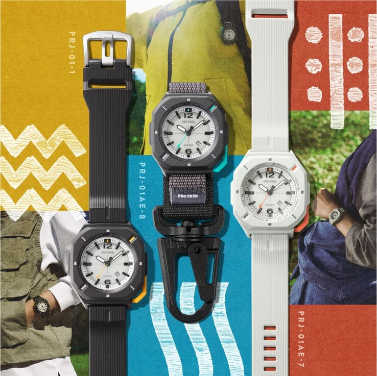 O Casio Pro Trek PRJ-01-1J, o PRJ-01AE-8J e o PRJ-01AE-7J (da esquerda para a direita)