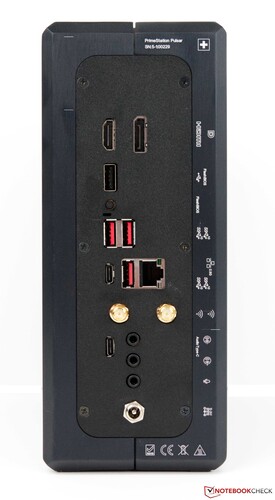 Voltar: HDMI, DisplayPort, 1x USB 2.0 Tipo A, 3x USB 3.2 Tipo A, 1x USB 3.2 Tipo C, 1x USB de áudio Tipo C, 2x entrada de linha, 1x saída de linha, antenas WLAN, conexão de energia