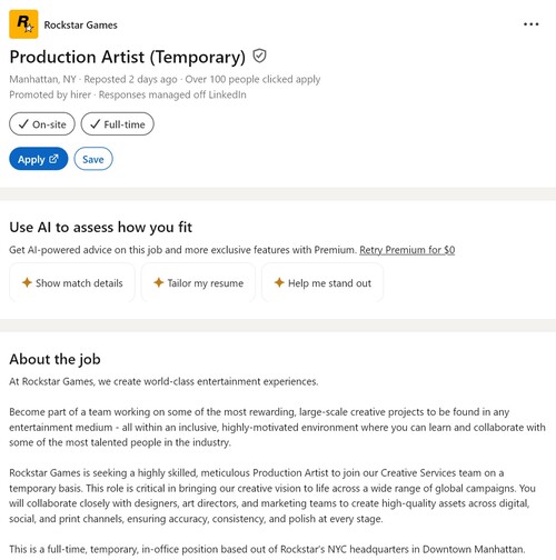 Anúncio de emprego da Rockstar Games no LinkedIn para artista de produção
