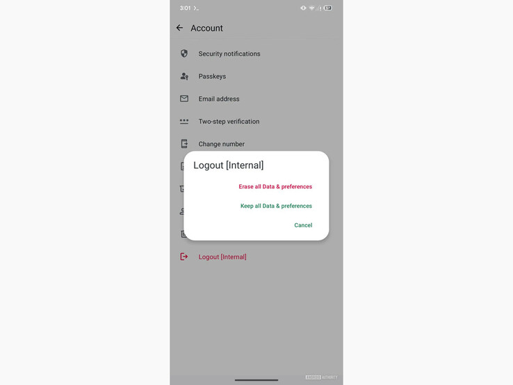 Uma captura de tela da versão beta mais recente do WhatsApp que mostra a nova opção Logout [Interno]. (Fonte da imagem: Android Authority)