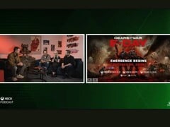 Uma captura de tela do podcast do Xbox mostrando a arte da capa de Gears of War junto com o logotipo do PS5