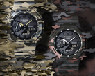 Da esquerda para a direita: Casio G-Shock GA-2100CM-5A e GA-2100CM-8A em um fundo de camuflagem.