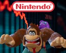 Donkey Kong mostrado na frente do ticker de ações da Nintendo em queda (Fonte da imagem: Nintendo of America com edições)