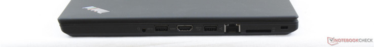 Right: 3.5 mm combo audio, 2x USB 3.0, HDMI 1.4, Gigabit Ethernet, SD reader, Kensington Lock