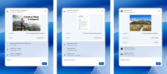 Nova Pesquisa do Windows mostrando prévias de documentos e fotos diretamente nos resultados.