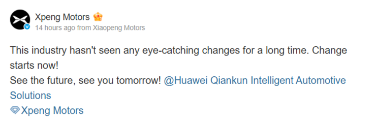 A XPeng reitera sua colaboração com a Huawei no Weibo (Fonte: Weibo).