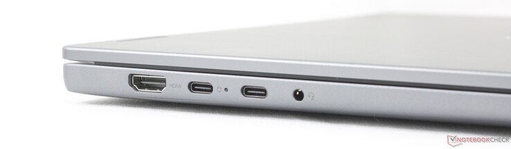Esquerda: HDMI 1.4a, 2x USB-C 3.2 Gen. 2 com Power Delivery 3.0 + DisplayPort 1.4 (10 Gbps), fone de ouvido de 3,5 mm