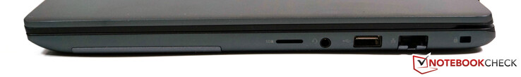 Direita: microSD, conector de áudio de 3,5 mm, USB-A 3.1 Gen 1, RJ45, slot para trava de cabo