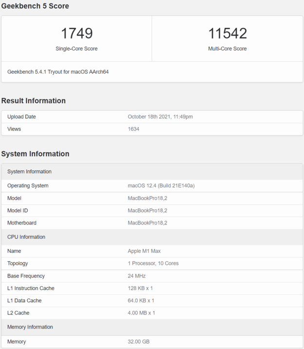 Com uma pontuação de 11542 pontos, o Apple M1 Max passou pelo benchmark multi-core (Fonte: Geekbench)