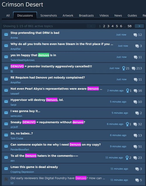Reclamações sobre o Crimson Desert Denuvo no fórum do Steam