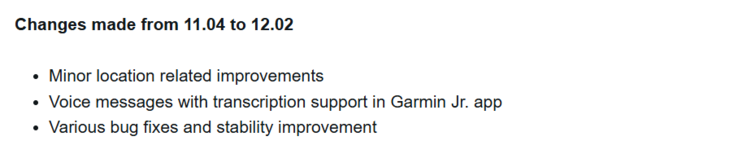 As notas de lançamento da versão 12.02 do software para o smartwatch Garmin Bounce. (Fonte da imagem: Garmin)