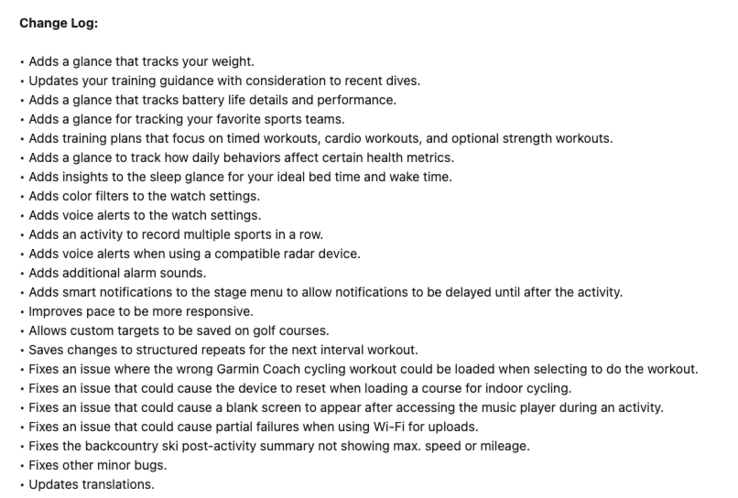O registro de alterações da versão 16.28 do software para o Garmin Forerunner 970