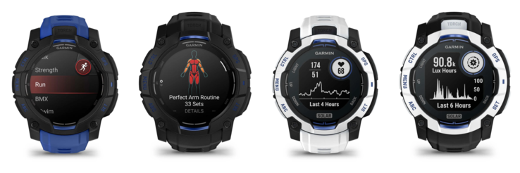 Da esquerda para a direita: os relógios Garmin Instinct 3 45 mm AMOLED, 50 mm AMOLED, 45 mm Solar e 50 mm Solar Supernova Collection. (Fonte da imagem: Garmin, editado)