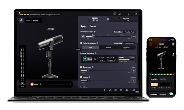 O Maono PD500 vem com um software que auxilia na criação de transmissões com qualidade profissional.