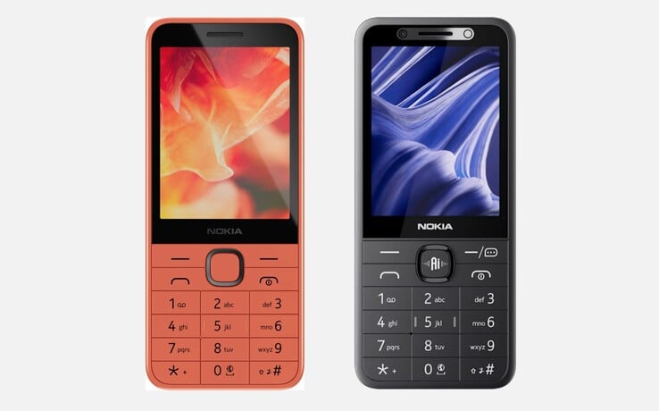 O Nokia 215 (2026), à direita na foto, difere do Nokia 215 4G (2024), à esquerda, principalmente devido ao botão de IA.