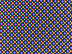 A tela OLED é baseada em uma matriz de subpixel RG/BG que consiste em um diodo emissor de luz vermelho, um azul e um verde cada