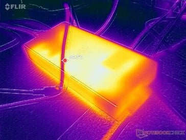 O adaptador CA atinge mais de 46 °C ao operar cargas exigentes