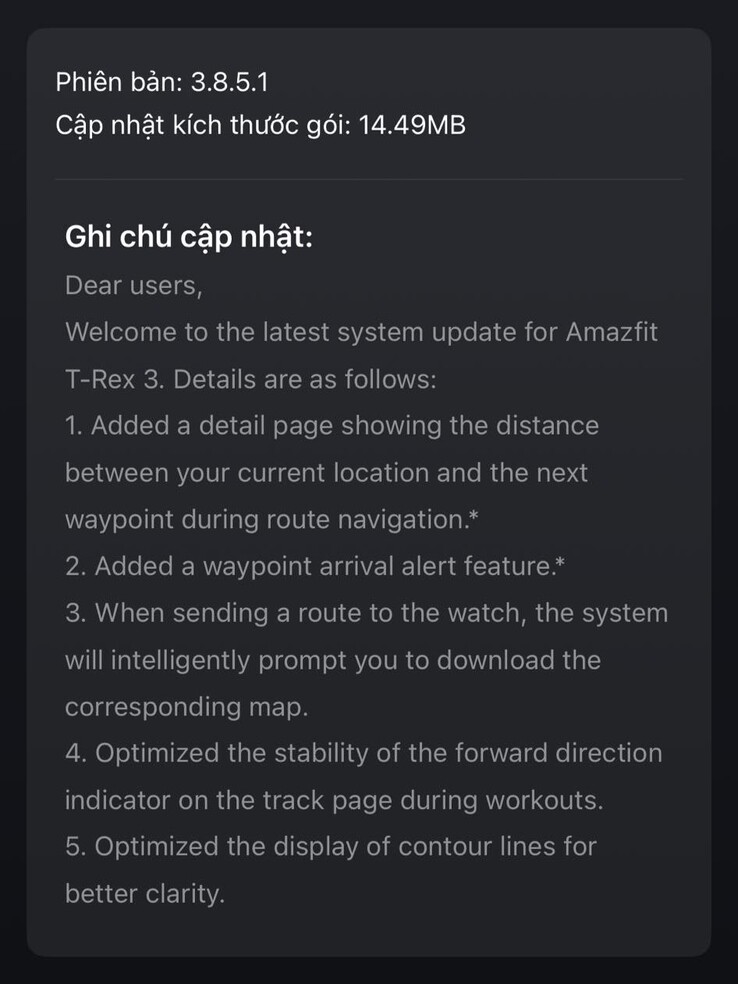 As notas de lançamento da versão 3.8.5.1 do software para o smartwatch Amazfit T-Rex 3. (Fonte da imagem: Lương Nguyên Long via Facebook)
