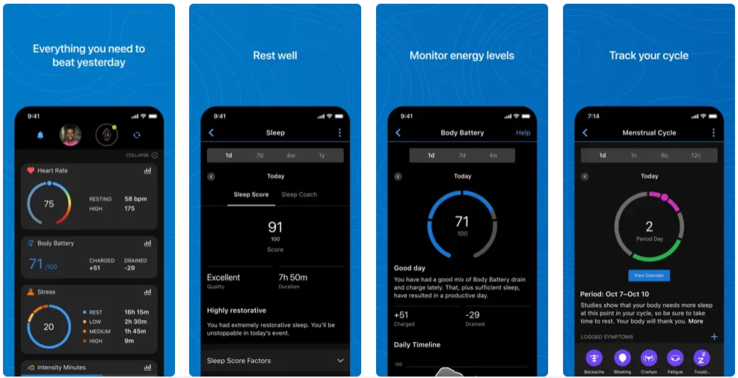 Capturas de tela do aplicativo Garmin Connect atual. (Fonte da imagem: Garmin)