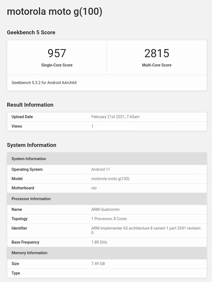 Moto G100 no Geekbench (imagem via Abhishek Yadav no Twitter)