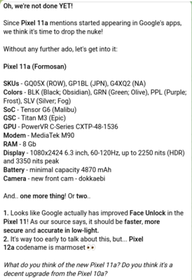 Especificações vazadas do Pixel 11a