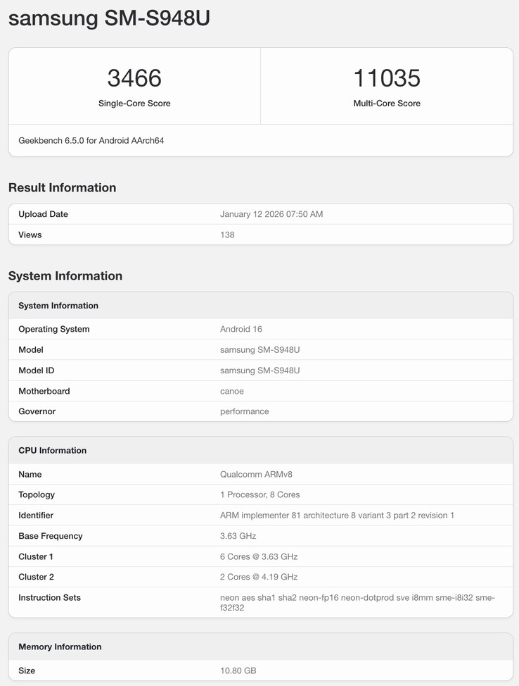 Listagem do Geekbench do Galaxy S26 Ultra. (Fonte da imagem: Geekbench)