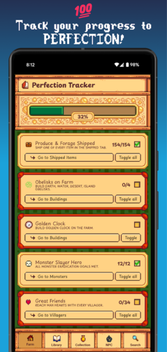 O rastreador de perfeição no aplicativo Gunther's Library (Fonte da imagem: Google Play Store)