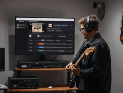 Guitarrista toca em frente a um monitor que exibe o aplicativo StemKit
