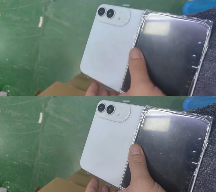 Manequim do iPhone Ultra que vazou. Imagem original (em cima) vs. imagem ampliada (embaixo).