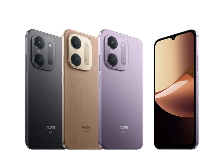 O smartphone Xiaomi Redmi 17C está disponível em três opções de cores: roxo, marrom e preto.
